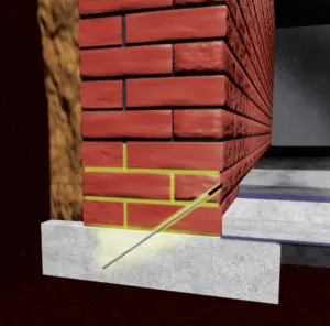 Ein Silicon-Mikroemulsionskonzentrat wird durch gebohrte Injektionskanäle zur Abdichtung ins Mauerwerk eingebracht